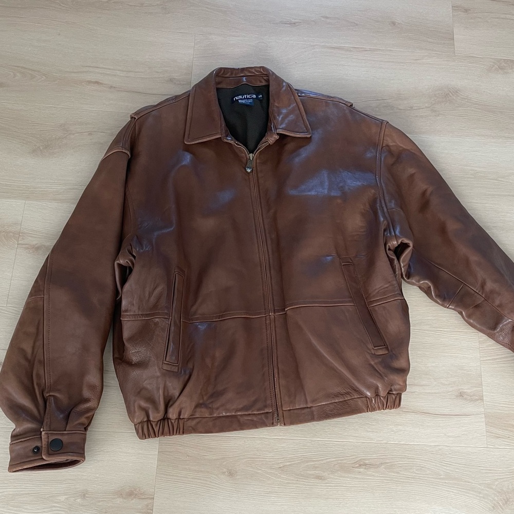 Nautica Brown Leather Bomber Jacket
